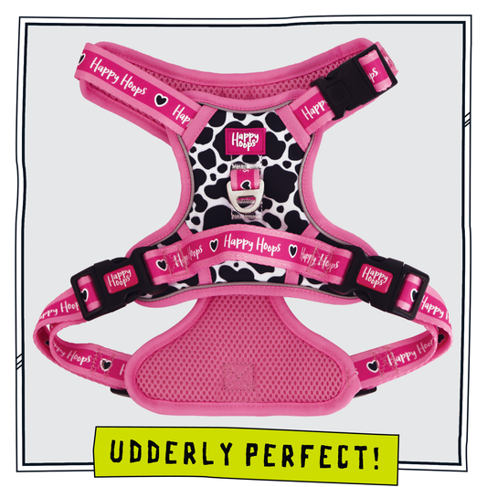 Happy Hoops 'Udderly Perfect' cow print funky dog harness in pink, black and white with grab handle