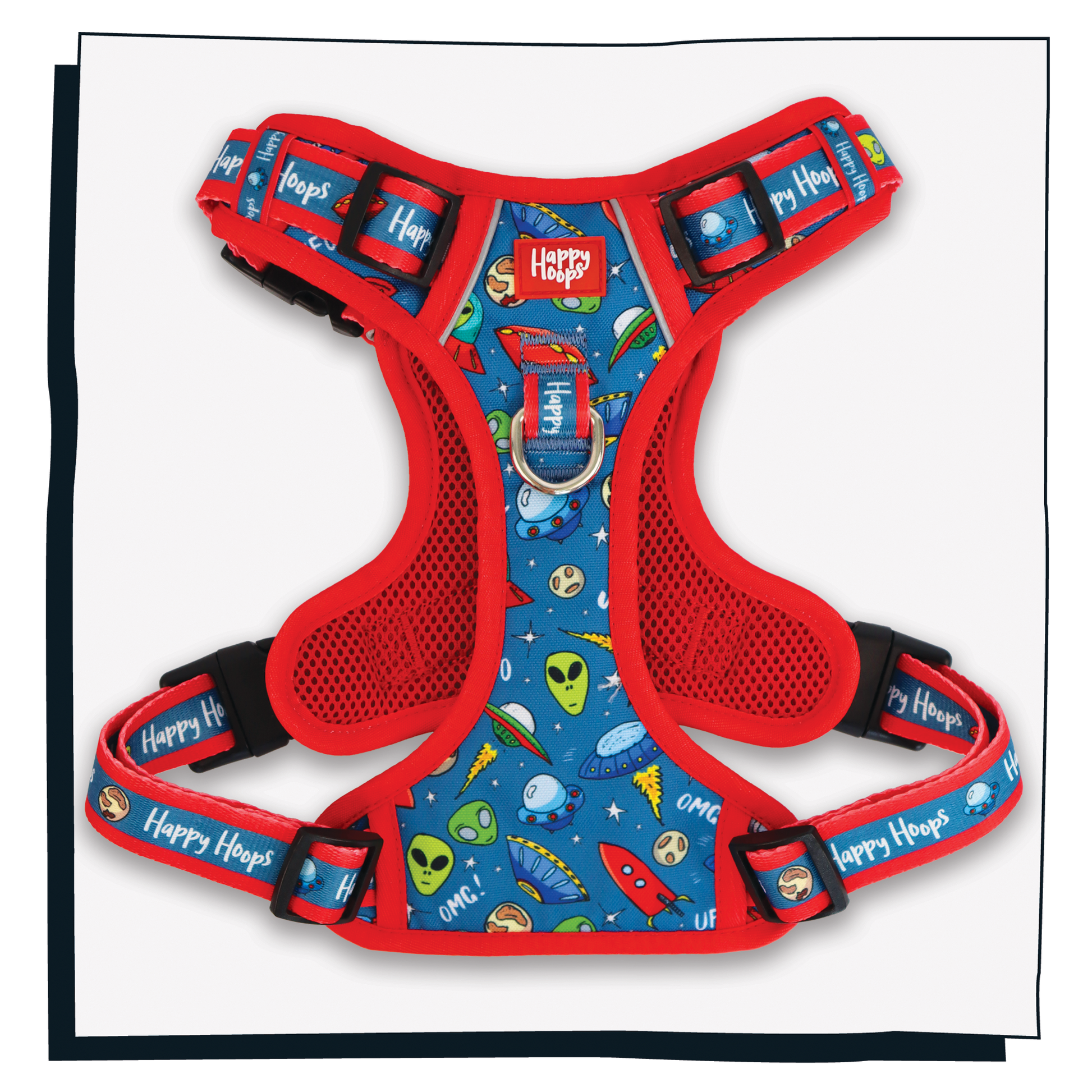 Happy Hoops 'Out of this World' colourful dog harness with space-themed ufo, alien design 