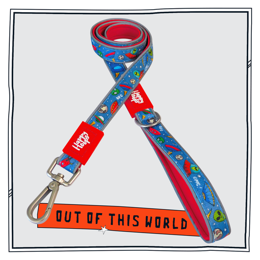 Red and blue Happy Hoops dog lead with funky alien print design with plush red neoprene padding, reflective strips, robust 360 degree metal rotating clasp and rust proof stainless steel D-ring.