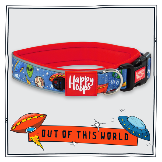 Happy Hoops 'Out of this World' cute and funky dog collar with colourful alien design with plush red neoprene padding and velcro size adjustment