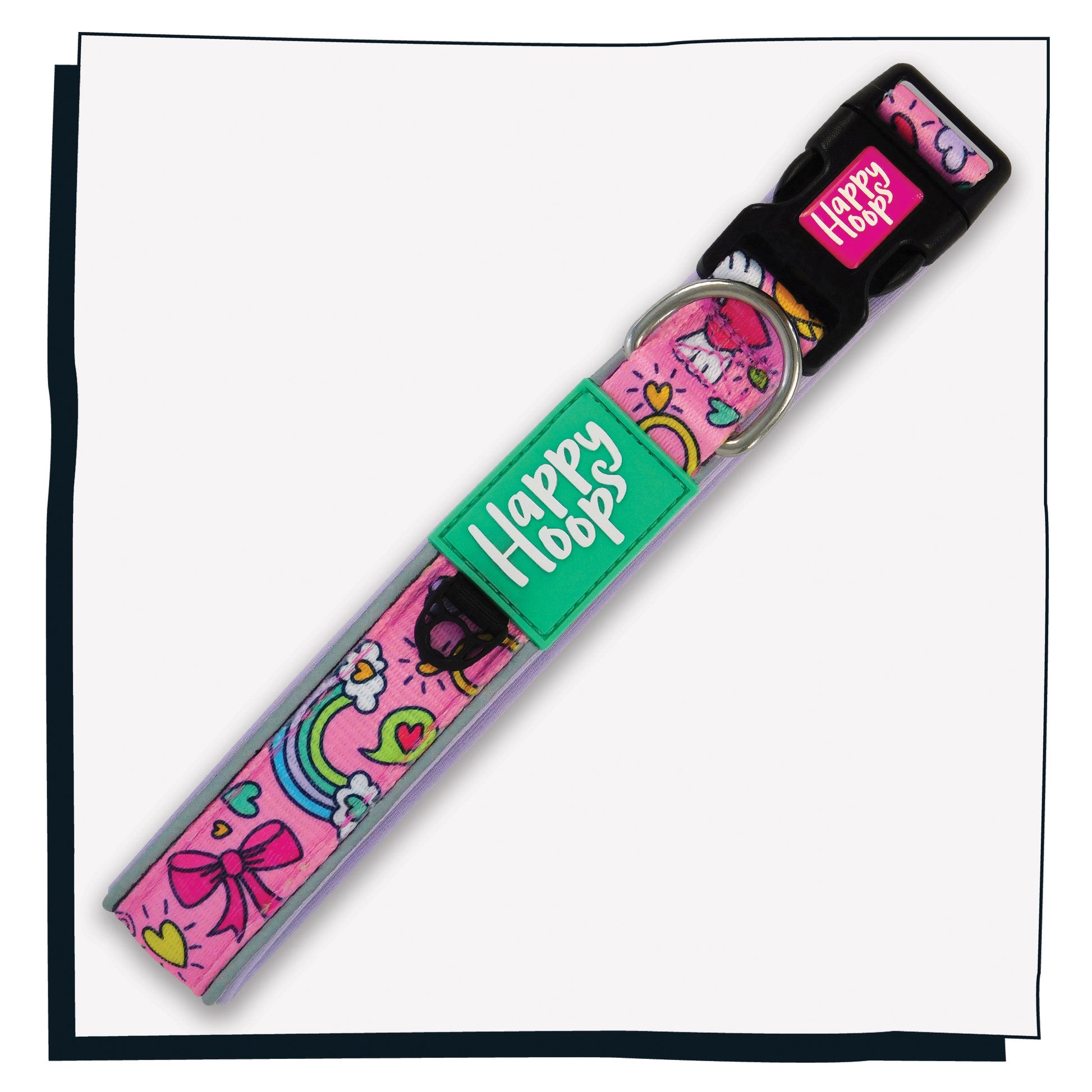 Pink Happy Hoops dog collar with colourful and funky love design with plush lilac neoprene padding, reflective strips and velcro size adjustment
