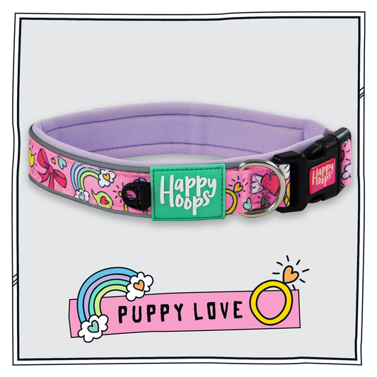 Happy Hoops cute and funky pink dog collar with colourful love design with plush lilac neoprene padding and velcro size adjustment