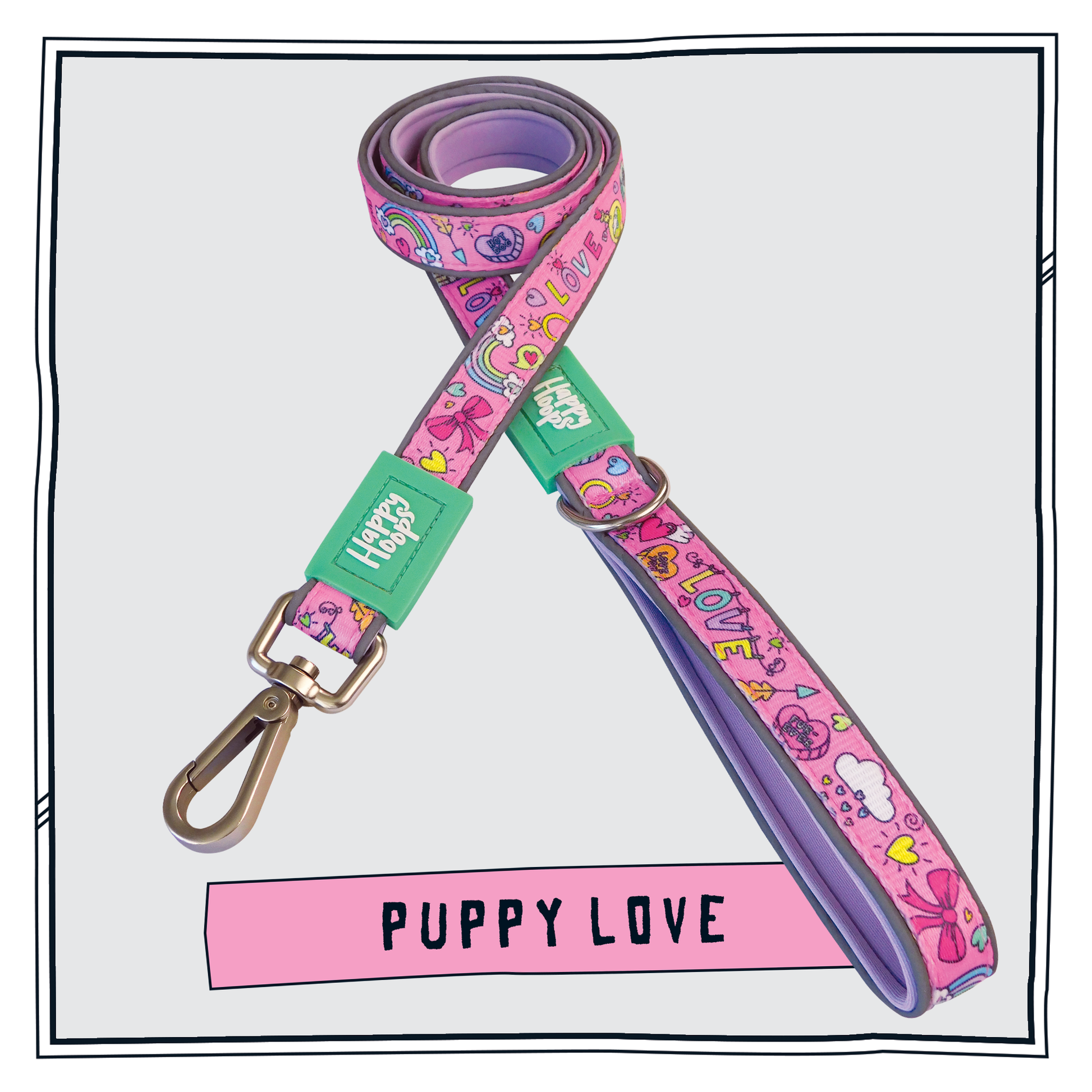 Pink Happy Hoops dog lead with funky love print design with plush lilac neoprene padding, reflective strips, robust 360 degree metal rotating clasp and rust proof stainless steel D-ring.