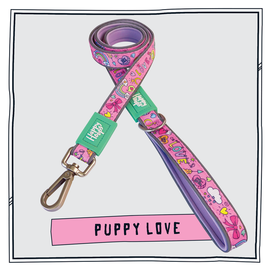 Pink Happy Hoops dog lead with funky love print design with plush lilac neoprene padding, reflective strips, robust 360 degree metal rotating clasp and rust proof stainless steel D-ring.