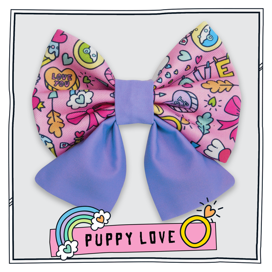 Large lilac and pink dog sailor bow with lilac bow tails and and pink multicolor pattern