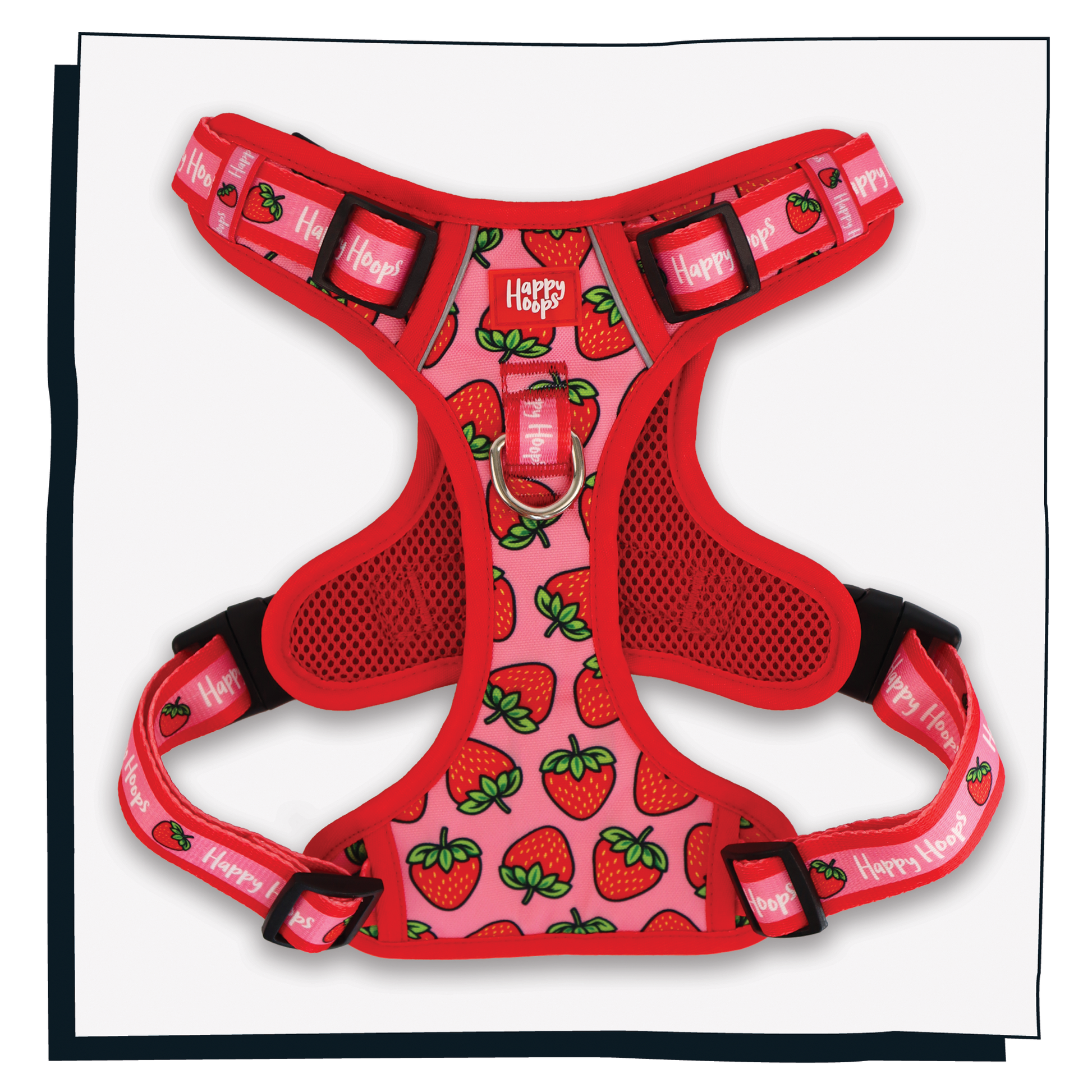 Happy Hoops 'Strawbabe' dog harness with bright and funky red and pink strawberry pattern 