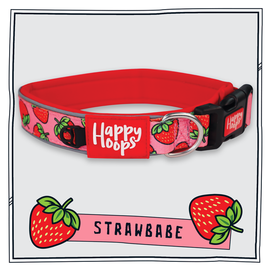 Happy Hoops 'Strawbabe' dog collar in pink and red with strawberry print pattern and reflective strips