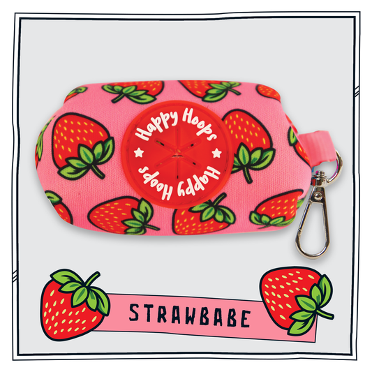 Happy Hoops 'Strawbabe' poop bag dispenser with pink and red strawberry pattern