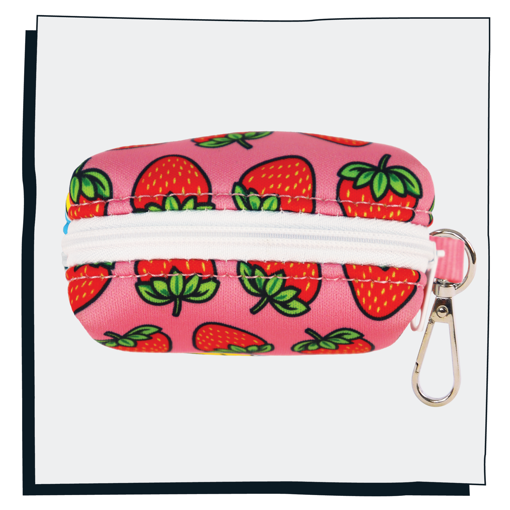 Happy Hoops 'Strawbabe' poop bag dispenser with pink and red strawberry pattern with pink poo bag and white zip