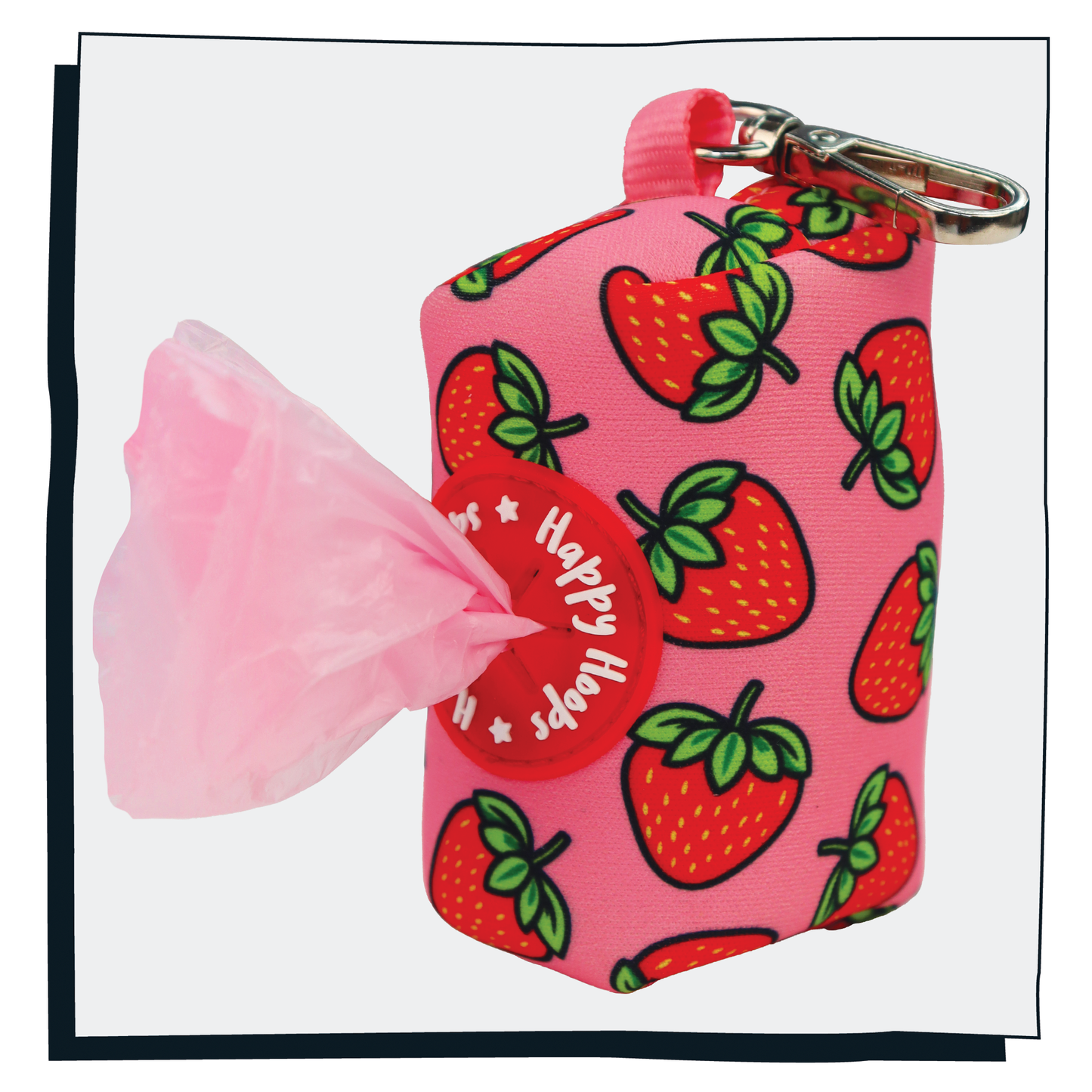 Happy Hoops 'Strawbabe' poop bag dispenser with pink and red strawberry pattern with pink poo bag