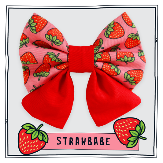Cute Happy Hoops large 'Stawbabe', Strawberry print dog sailor bow tie in red and pink