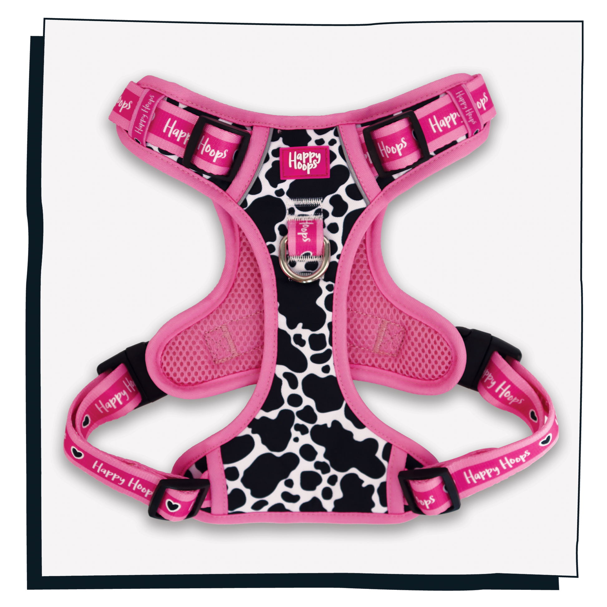 Happy Hoops 'Udderly Perfect' cow print funky dog harness in pink, black and white