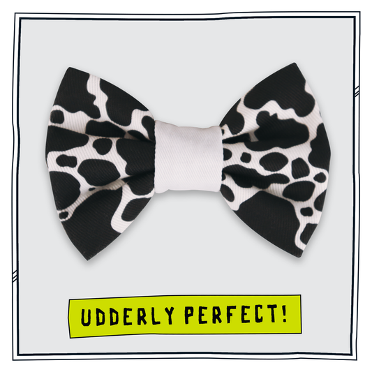 Happy Hoops small black and white cow print dog bow tie