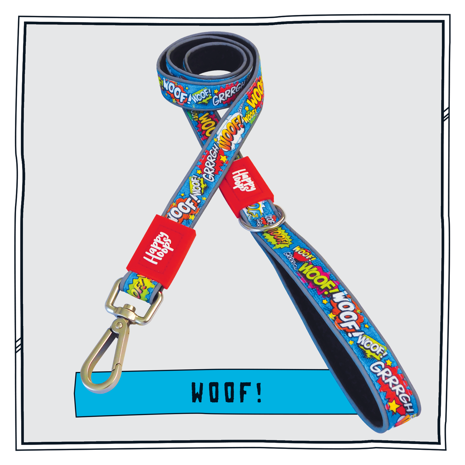Blue Happy Hoops dog lead with funky dog bark print design with plush black neoprene padding, reflective strips, robust 360 degree metal rotating clasp and rust proof stainless steel D-ring.