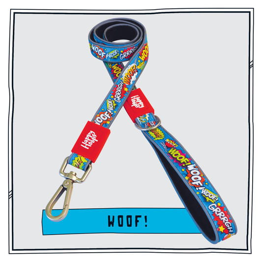 Blue Happy Hoops dog lead with funky dog bark print design with plush black neoprene padding, reflective strips, robust 360 degree metal rotating clasp and rust proof stainless steel D-ring.