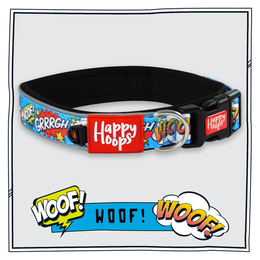 Happy Hoops cute and funky multicolour dog collar with cute colourful Woof design with plush black neoprene padding, reflective strips and velcro size adjustment