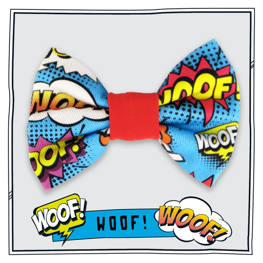 Happy Hoops small dog bow tie with a colourful 'WOOF!' text